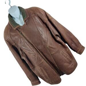 SOUTH WIND! HEAVY PECAN BROWN GENUINE LEATHER, FAUX SHEARLING LINED JACKET! SZ L